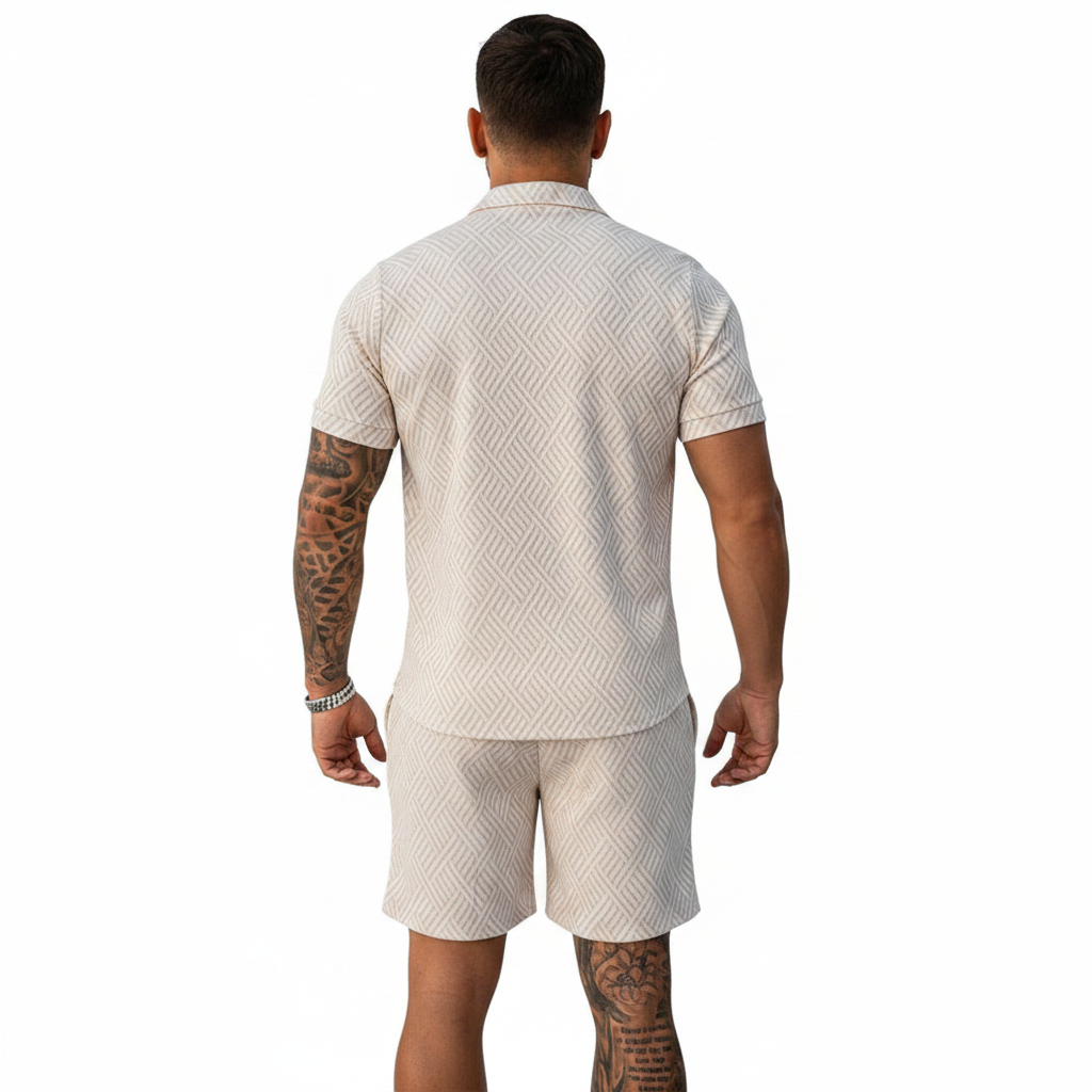 Men’s Color Block Zip Polo Shirt with Matching Shorts Set 49