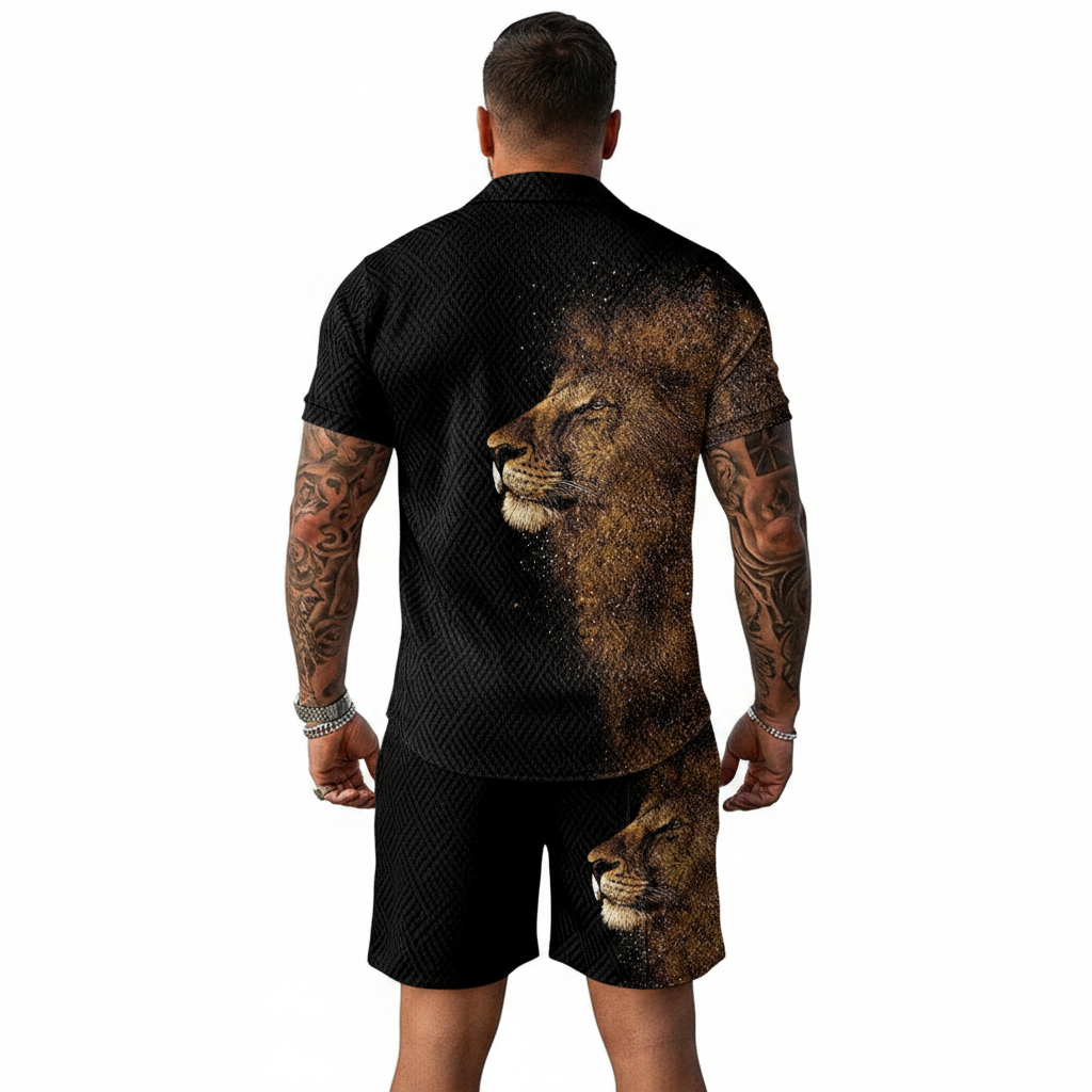 Men’s Color Block Zip Polo Shirt with Matching Shorts Set 45