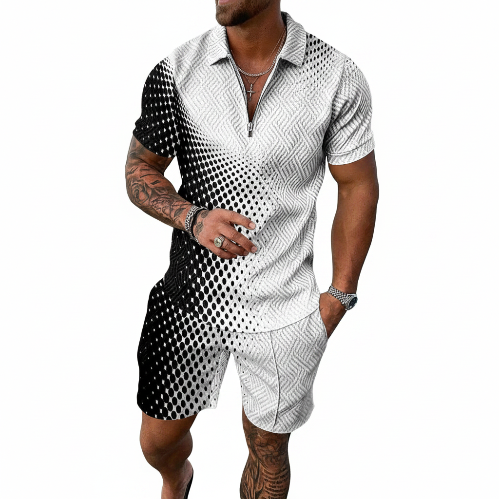 Men’s Color Block Zip Polo Shirt with Matching Shorts Set 42