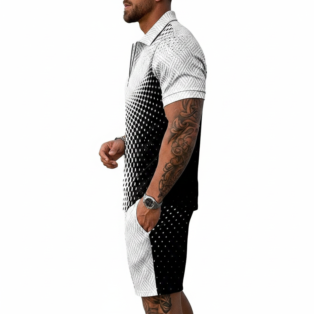 Men’s Color Block Zip Polo Shirt with Matching Shorts Set 43