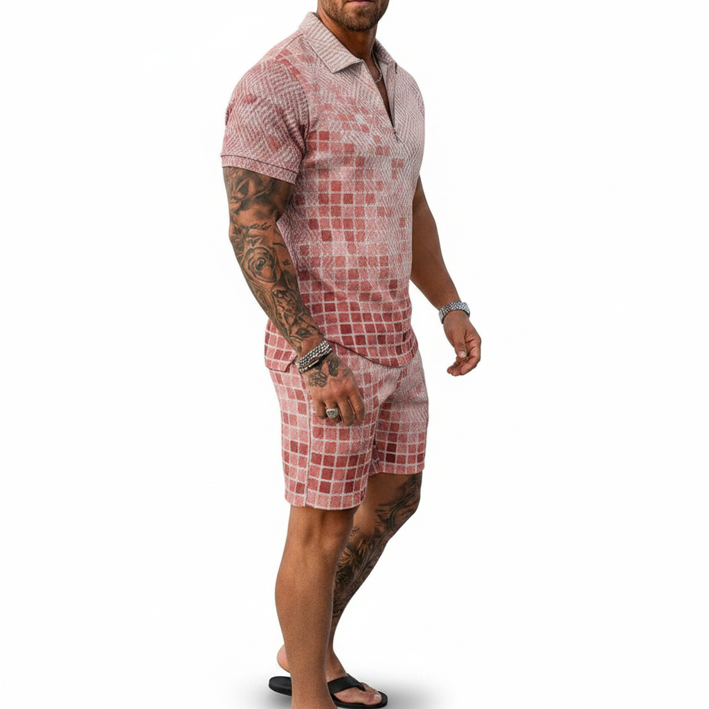 Men’s Color Block Zip Polo Shirt with Matching Shorts Set 37