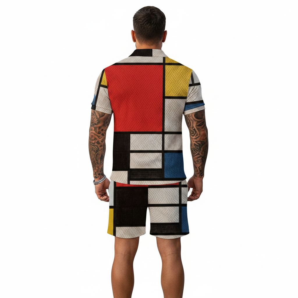 Men’s Color Block Zip Polo Shirt with Matching Shorts Set 34