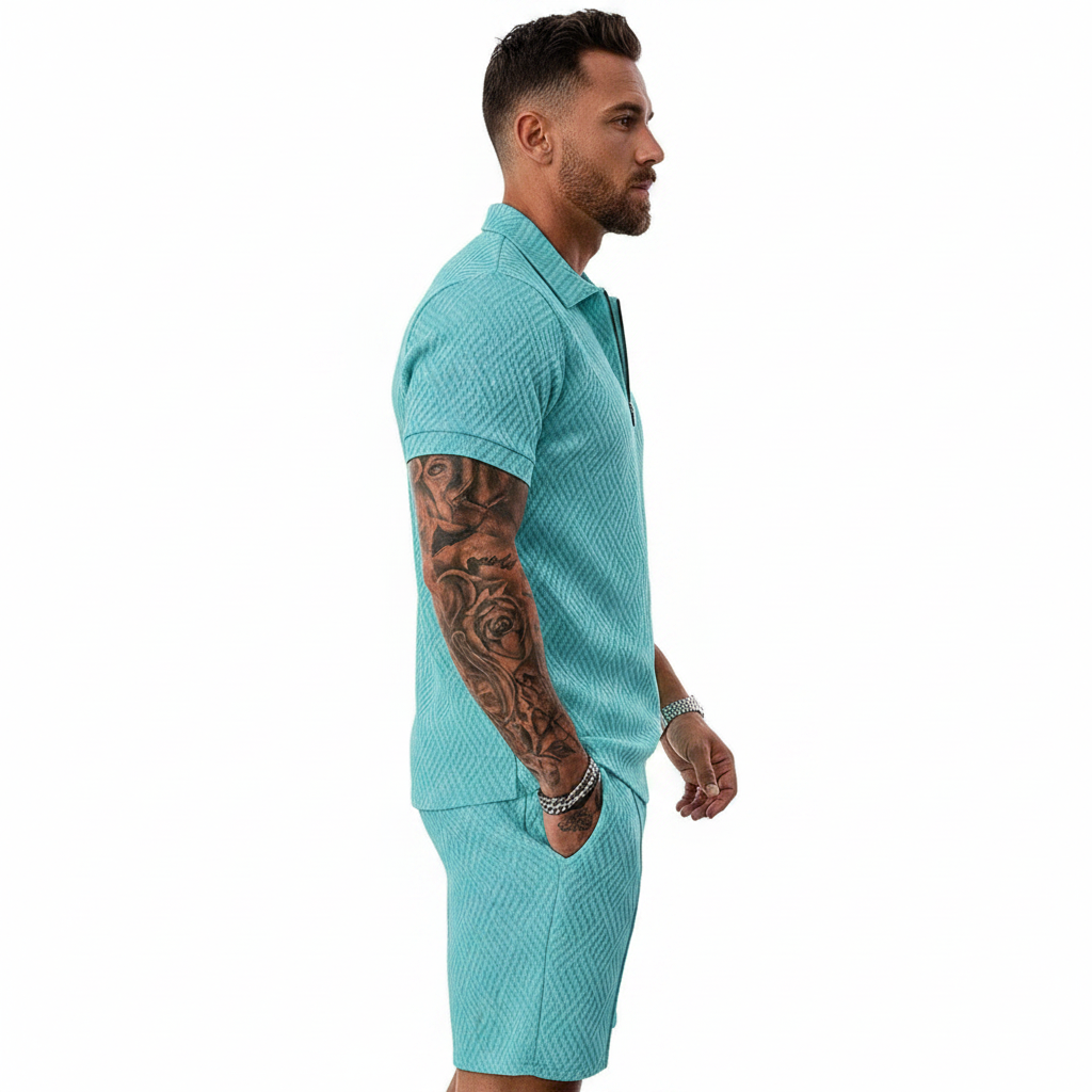 Men’s Color Block Zip Polo Shirt with Matching Shorts Set 30