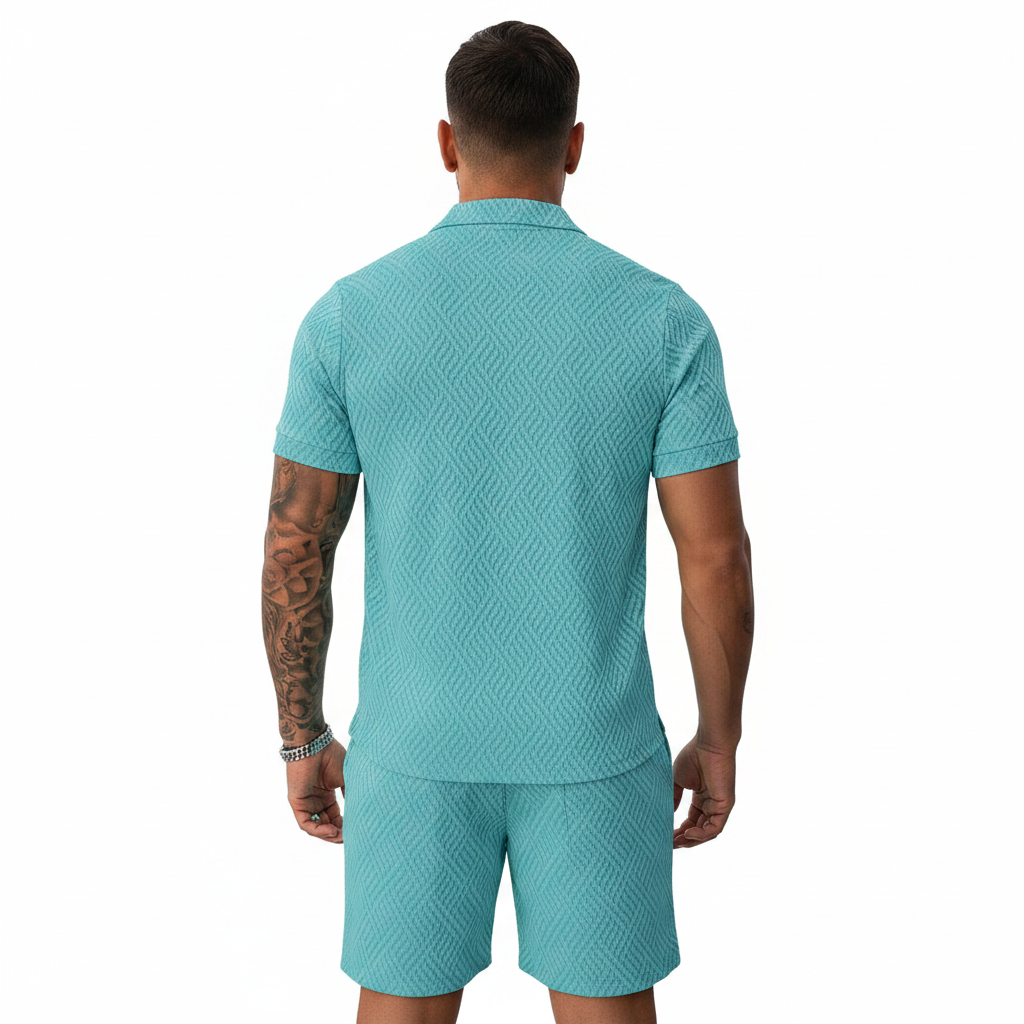 Men’s Color Block Zip Polo Shirt with Matching Shorts Set 29
