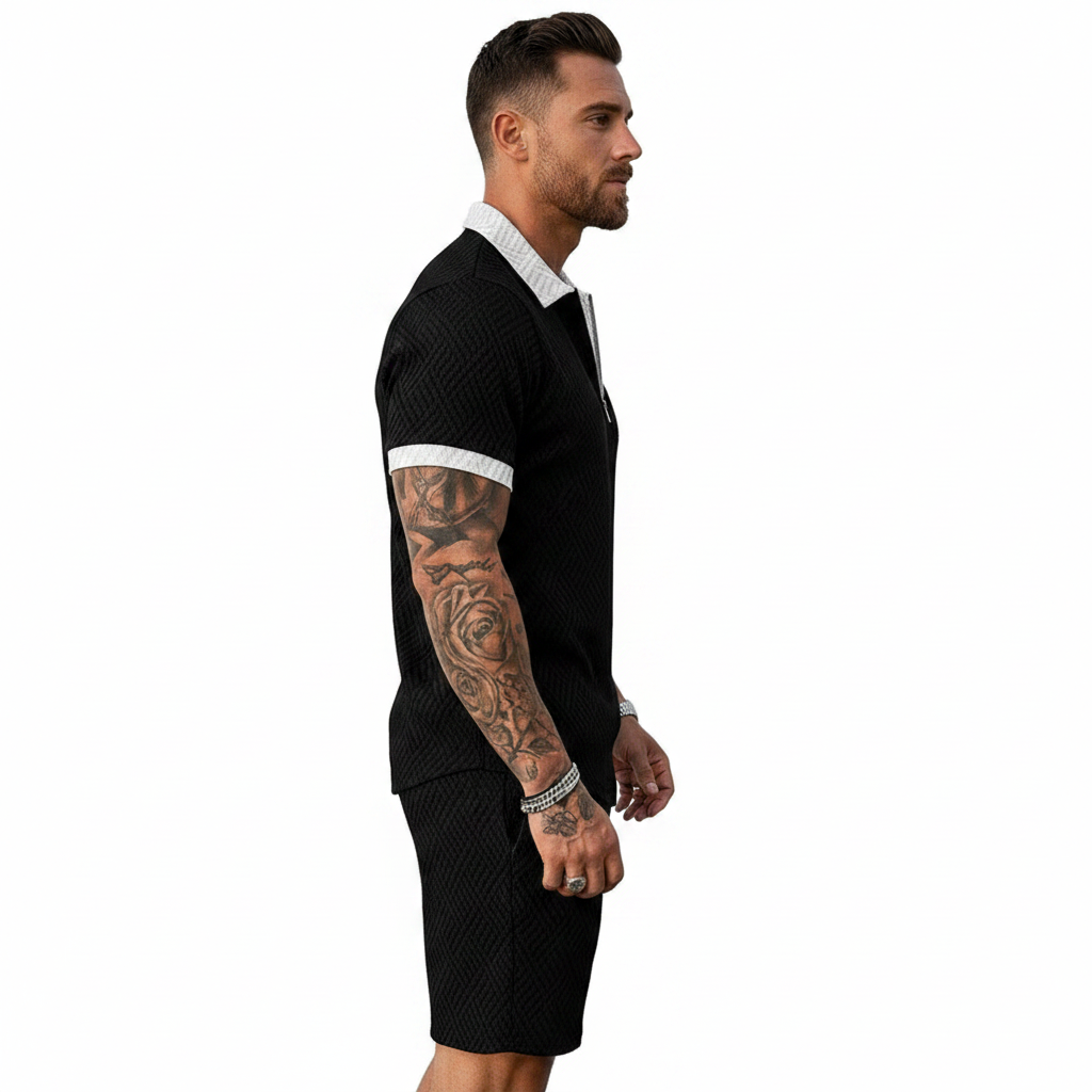 Men’s Color Block Zip Polo Shirt with Matching Shorts Set 22