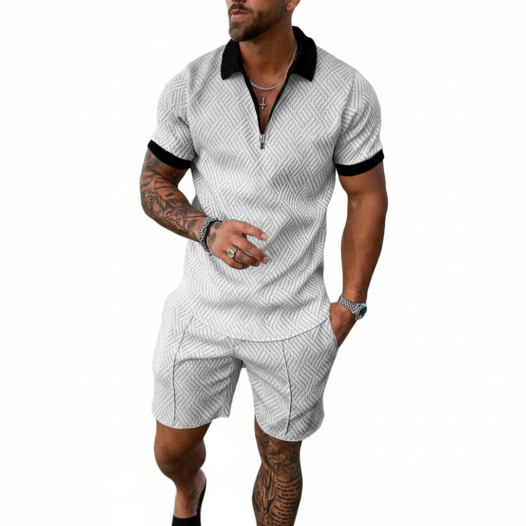 Men’s Color Block Zip Polo Shirt with Matching Shorts Set 17