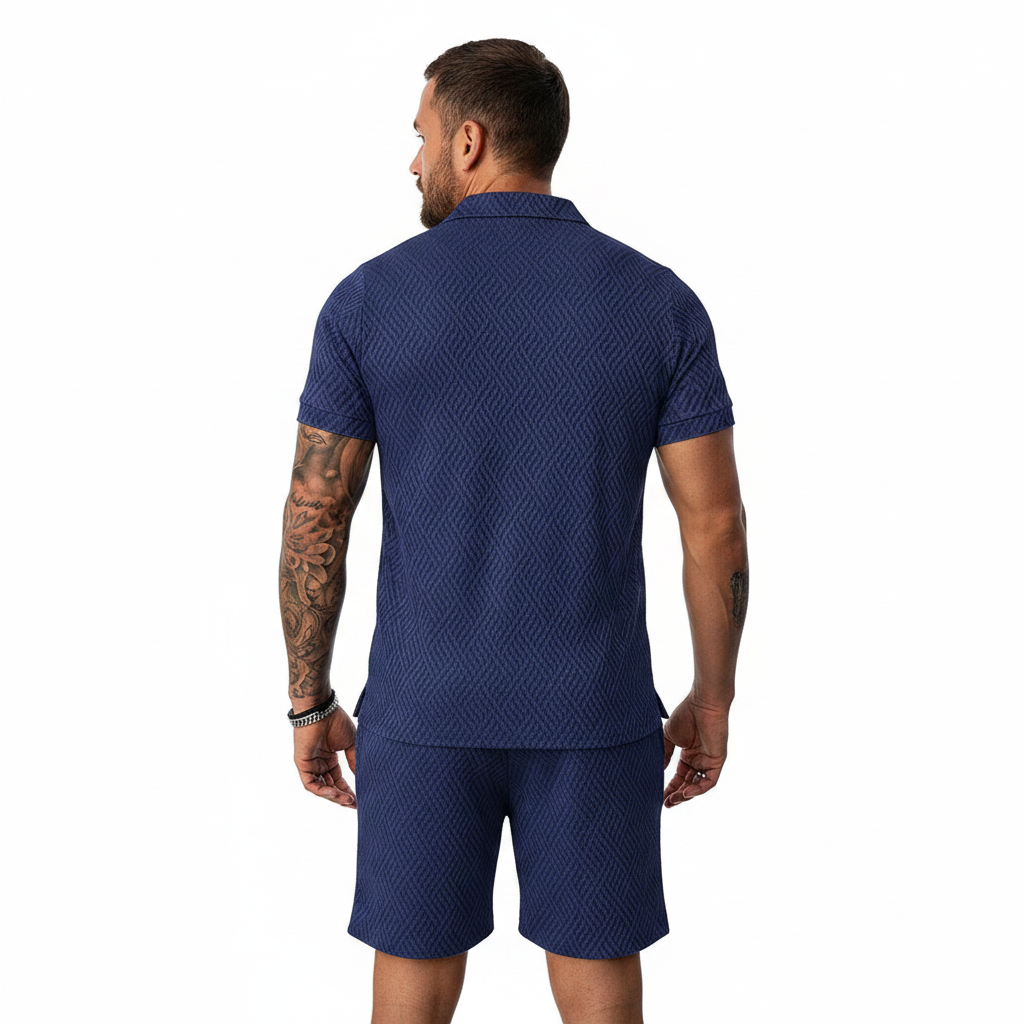 Men’s Color Block Zip Polo Shirt with Matching Shorts Set 15