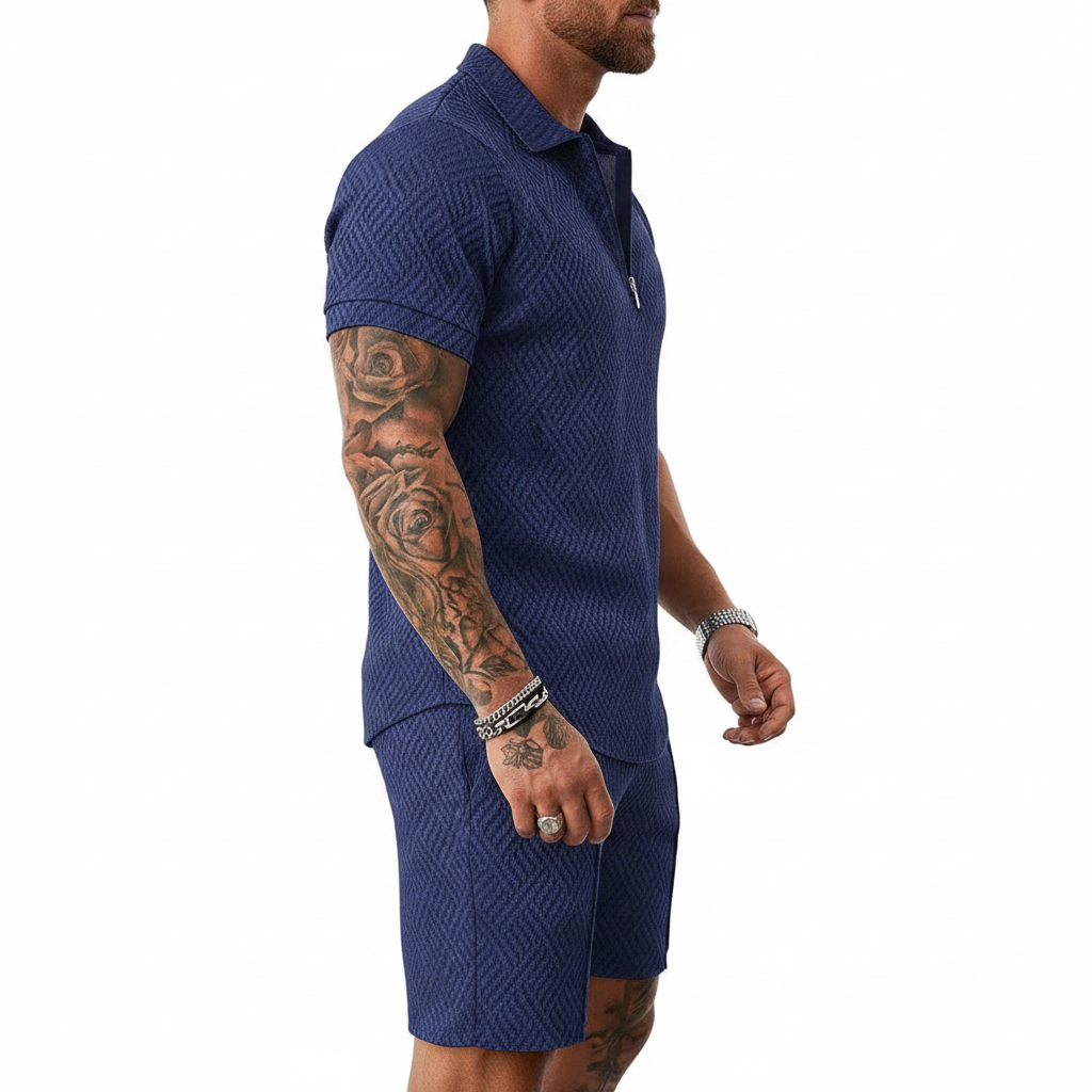 Men’s Color Block Zip Polo Shirt with Matching Shorts Set 14