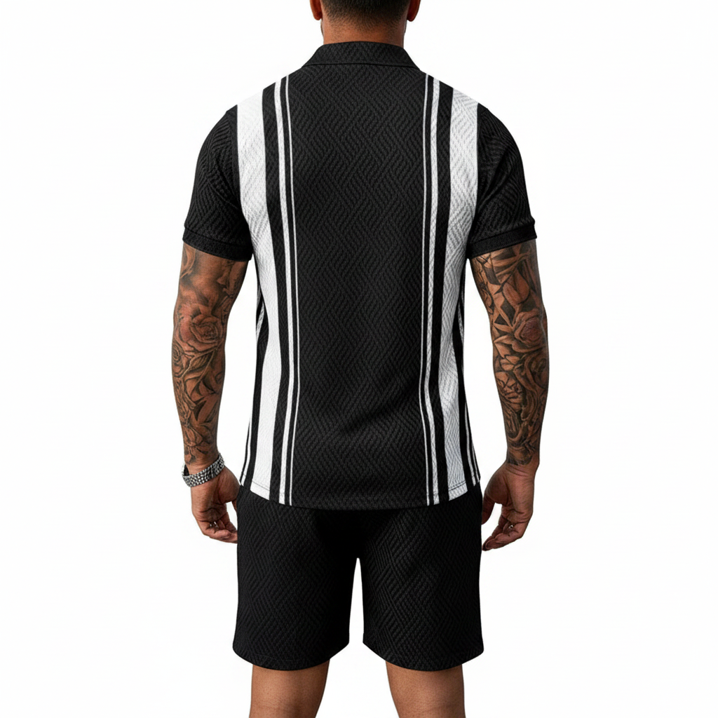 Men’s Color Block Zip Polo Shirt with Matching Shorts Set 10