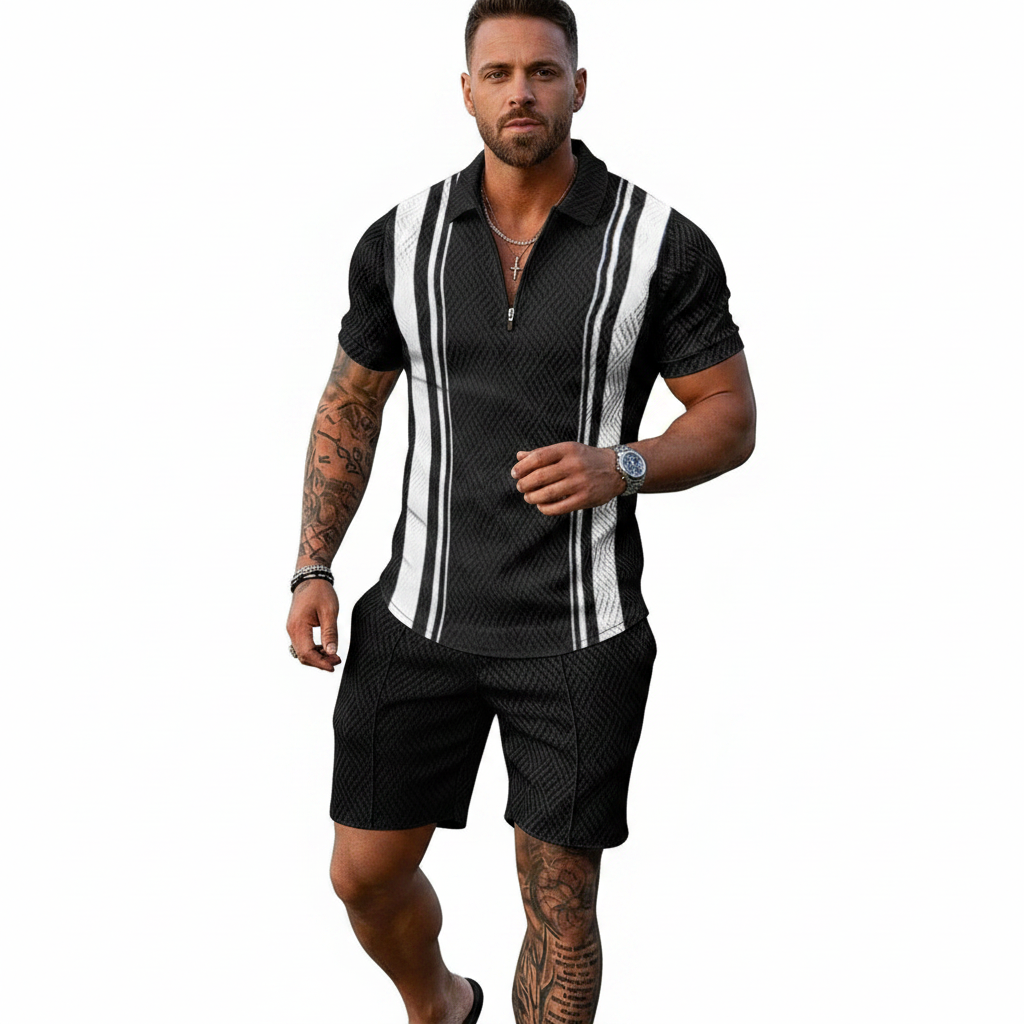 Men’s Color Block Zip Polo Shirt with Matching Shorts Set 9