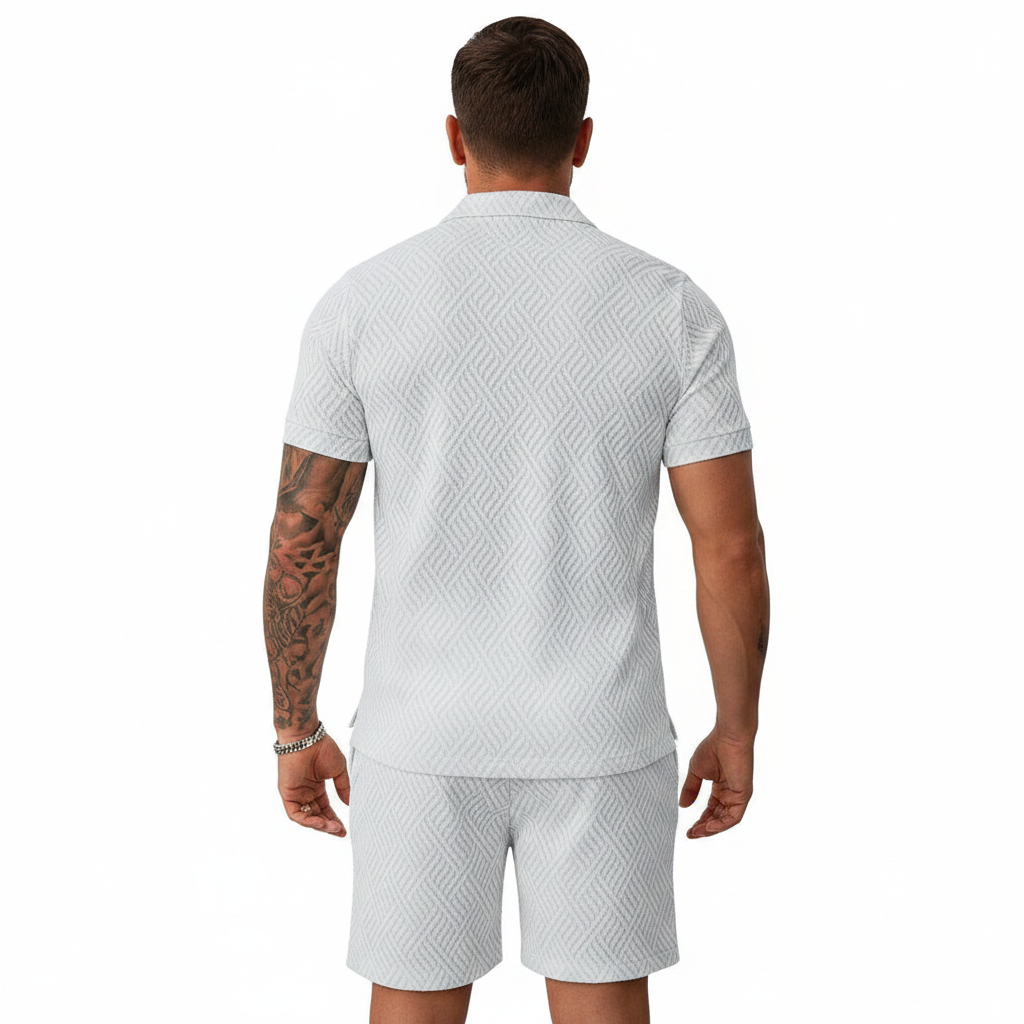 Men’s Color Block Zip Polo Shirt with Matching Shorts Set 25