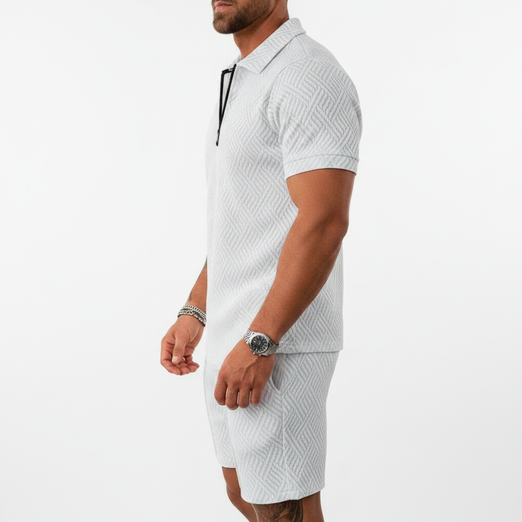 Men’s Color Block Zip Polo Shirt with Matching Shorts Set 26