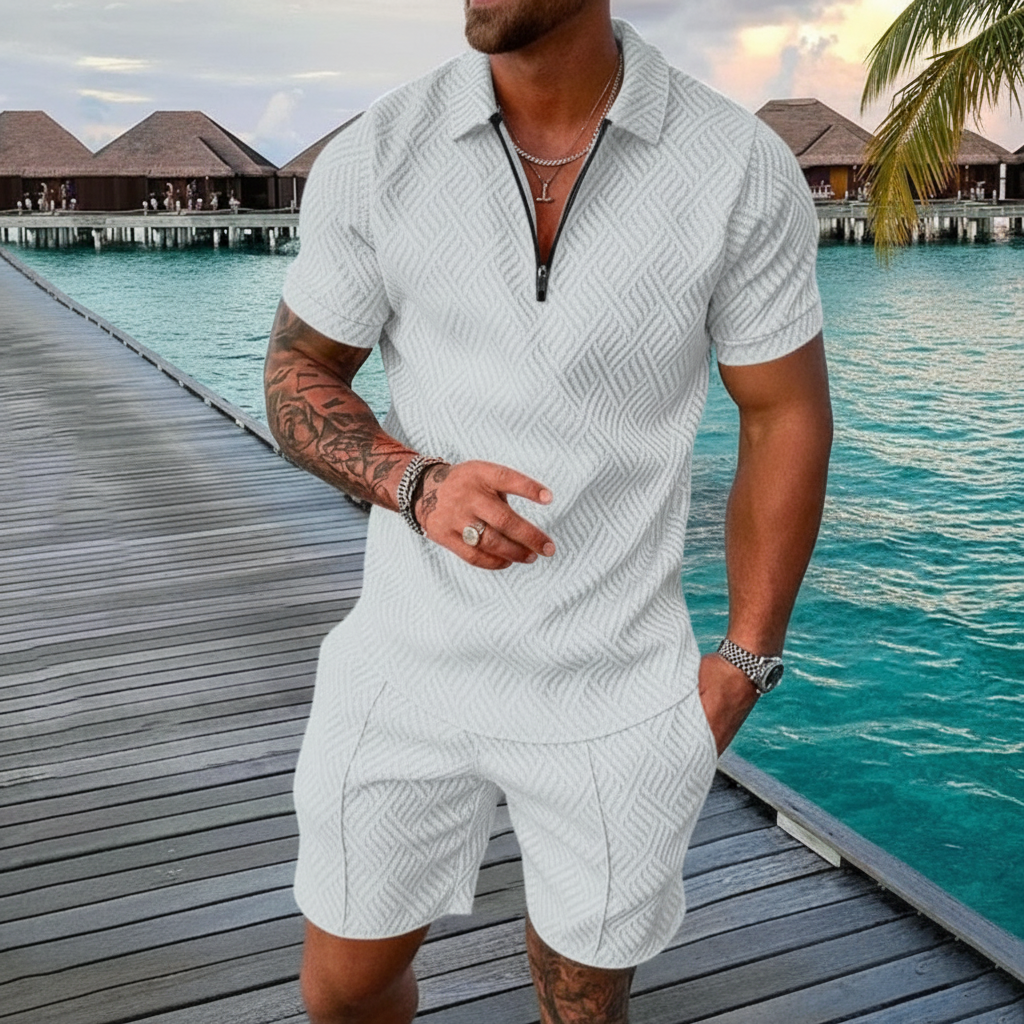 Men’s Color Block Zip Polo Shirt with Matching Shorts Set 27