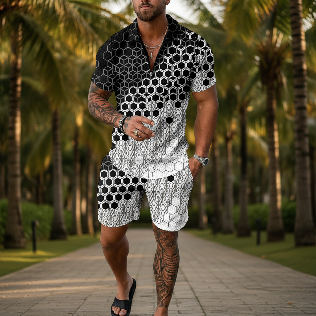 Men’s Color Block Zip Polo Shirt with Matching Shorts Set 8