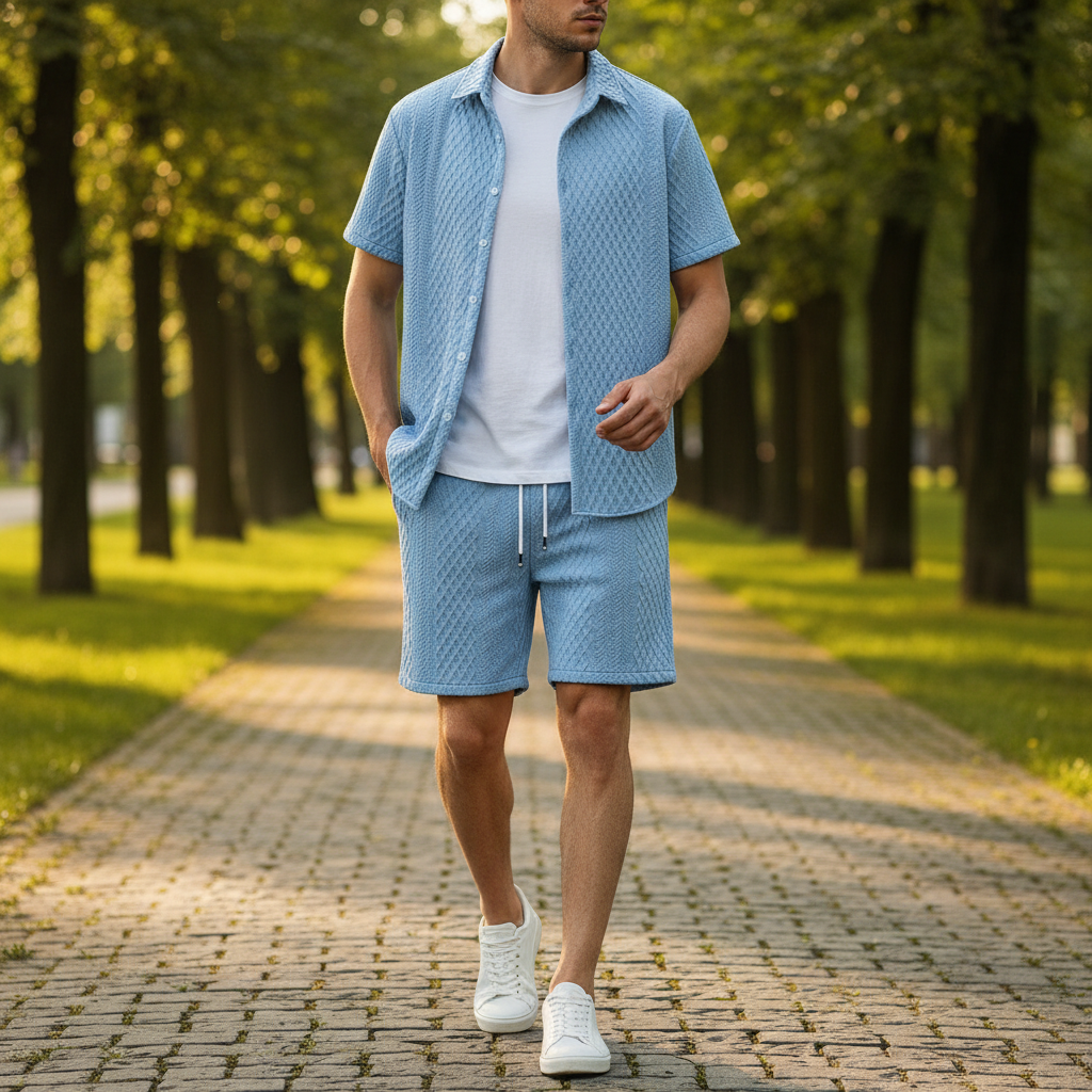 Men’s Textured Short Sleeve Button-Up Shirt with Drawstring Shorts Set in Light Blue 8