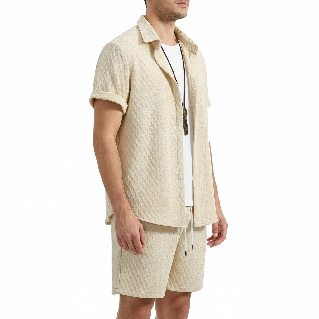 Men’s Textured Short Sleeve Button-Up Shirt with Drawstring Shorts Set in Light Blue 9