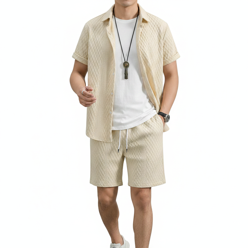 Men’s Textured Short Sleeve Button-Up Shirt with Drawstring Shorts Set in Light Blue 11