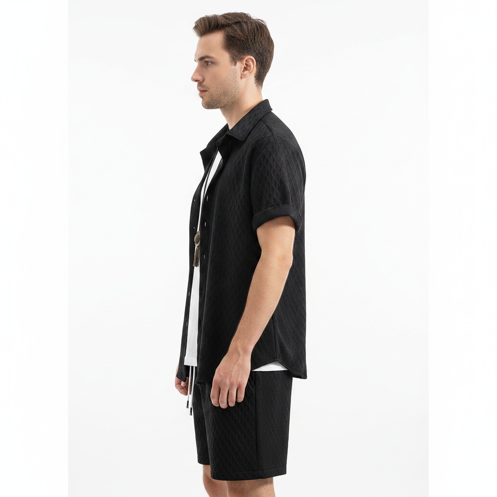 Men’s Textured Short Sleeve Button-Up Shirt with Drawstring Shorts Set in Light Blue 14