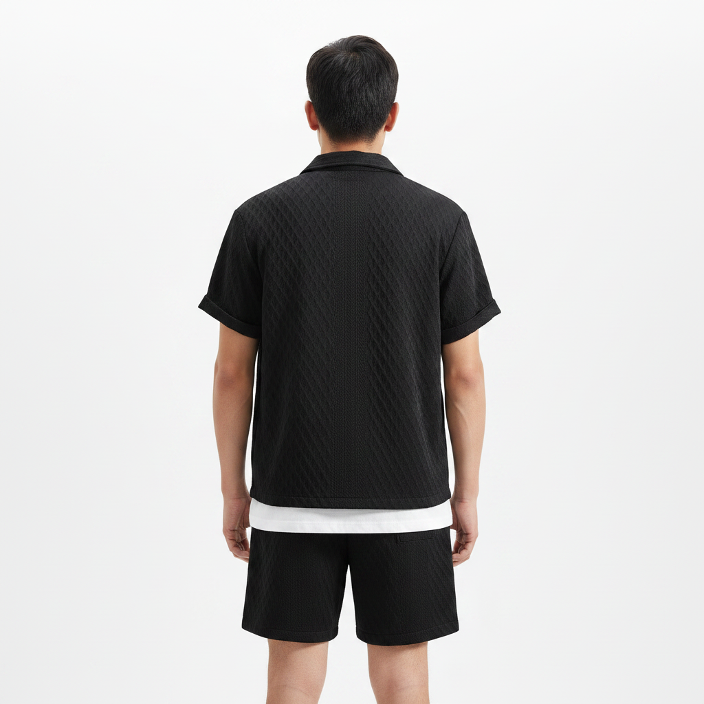 Men’s Textured Short Sleeve Button-Up Shirt with Drawstring Shorts Set in Light Blue 15