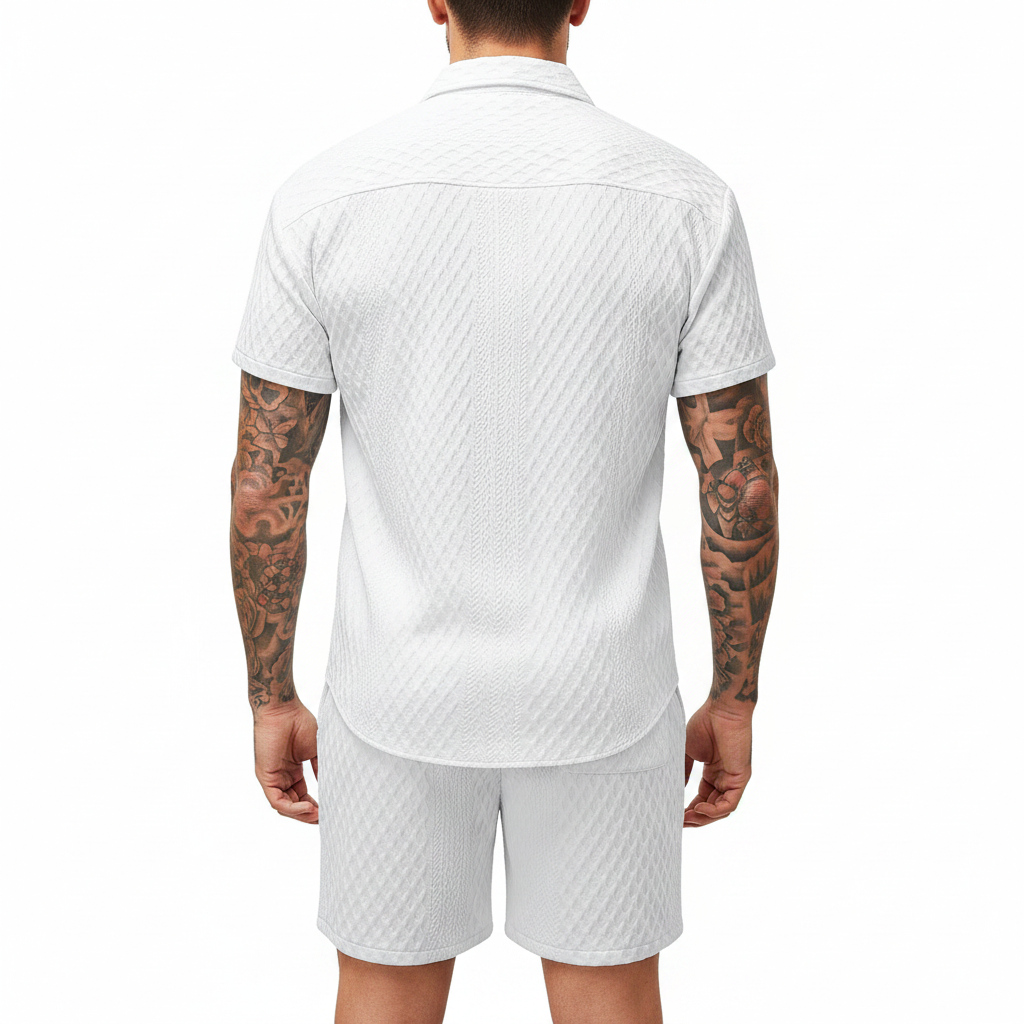 Men’s Textured Short Sleeve Button-Up Shirt with Drawstring Shorts Set in Light Blue 19