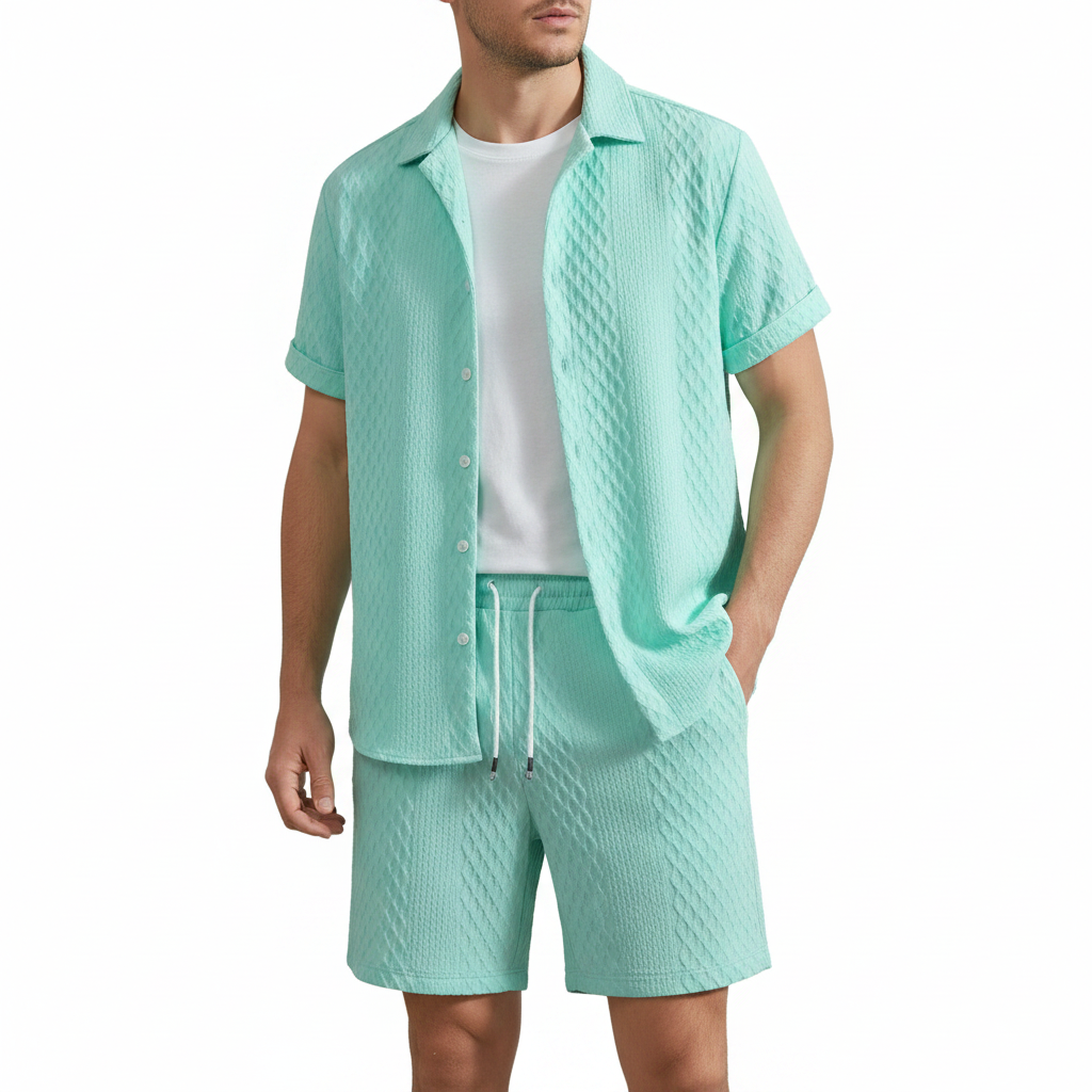 Men’s Textured Short Sleeve Button-Up Shirt with Drawstring Shorts Set in Light Blue 21