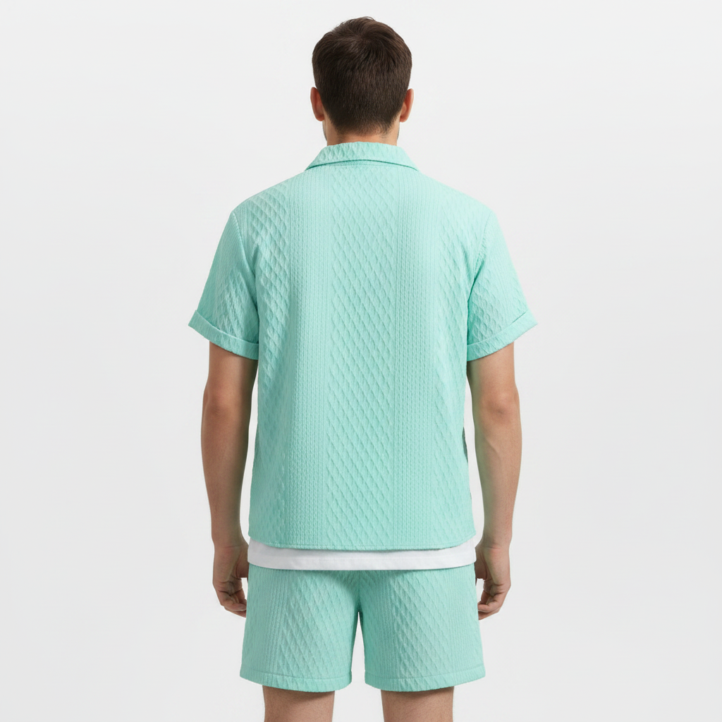 Men’s Textured Short Sleeve Button-Up Shirt with Drawstring Shorts Set in Light Blue 22
