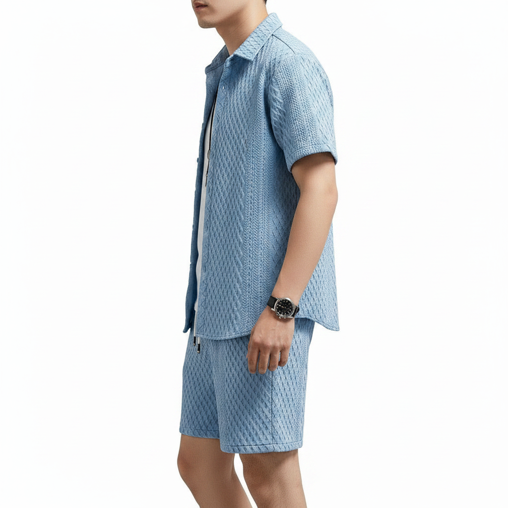 Men’s Textured Short Sleeve Button-Up Shirt with Drawstring Shorts Set in Light Blue 7