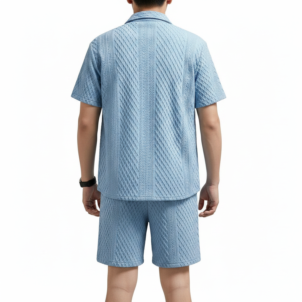 Men’s Ribbed Short Sleeve Button-Up Shirt with Full-Length Pants Set in Beige 29