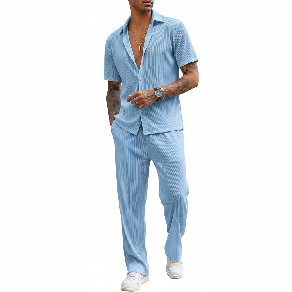 Men’s Ribbed Short Sleeve Button-Up Shirt with Full-Length Pants Set in Beige 27