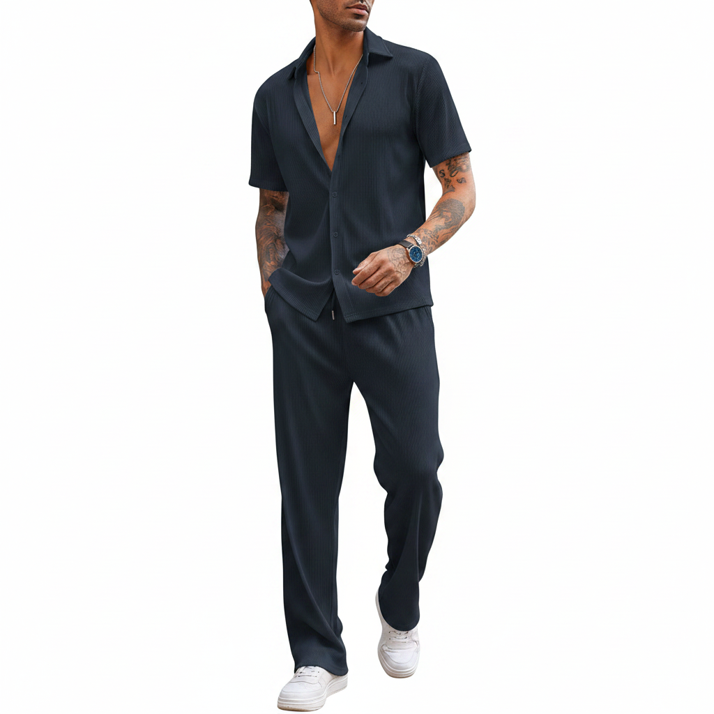 Men’s Ribbed Short Sleeve Button-Up Shirt with Full-Length Pants Set in Beige 23