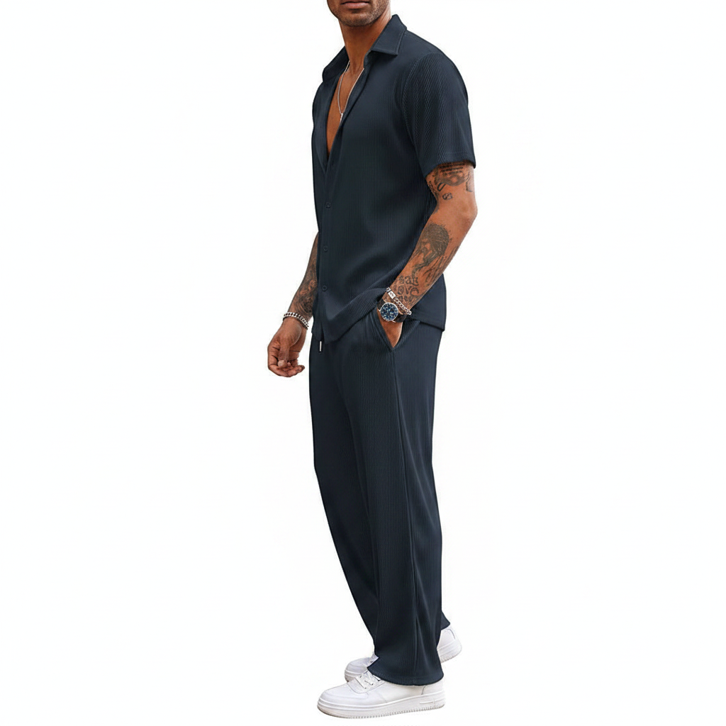 Men’s Ribbed Short Sleeve Button-Up Shirt with Full-Length Pants Set in Beige 25