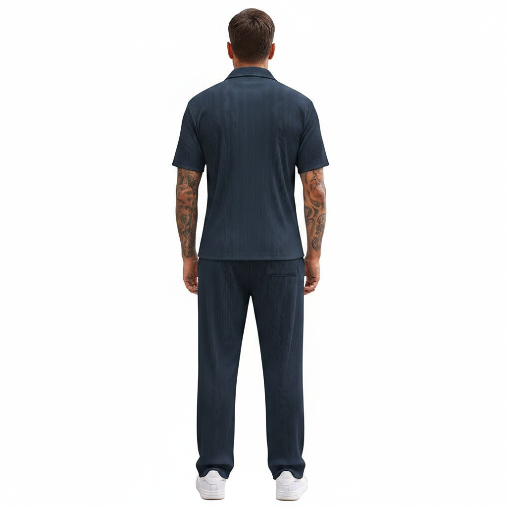 Men’s Ribbed Short Sleeve Button-Up Shirt with Full-Length Pants Set in Beige 24