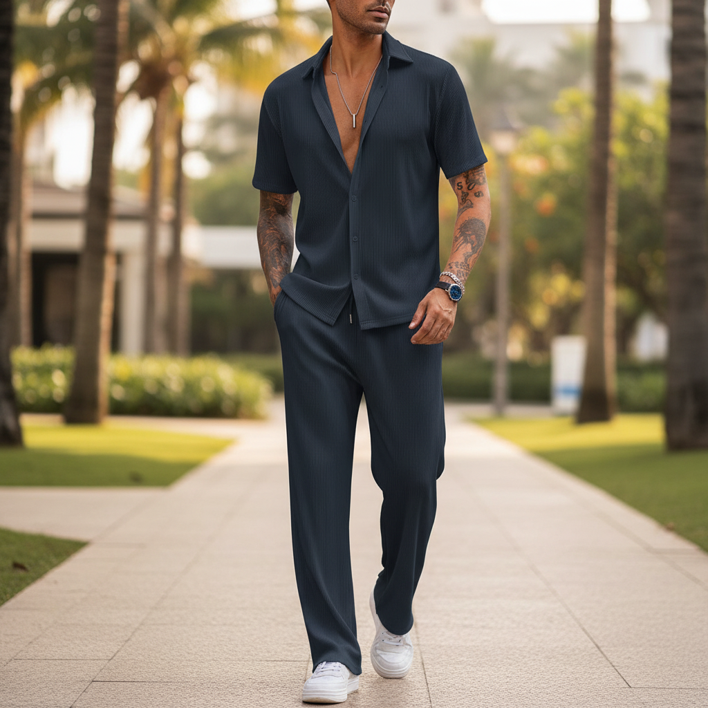 Men’s Ribbed Short Sleeve Button-Up Shirt with Full-Length Pants Set in Beige 26