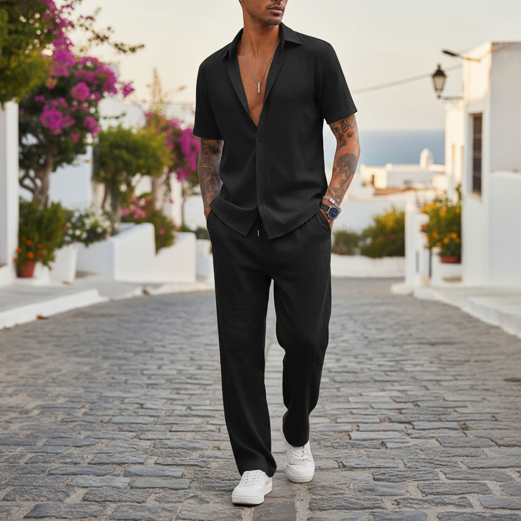 Men’s Ribbed Short Sleeve Button-Up Shirt with Full-Length Pants Set in Beige 22