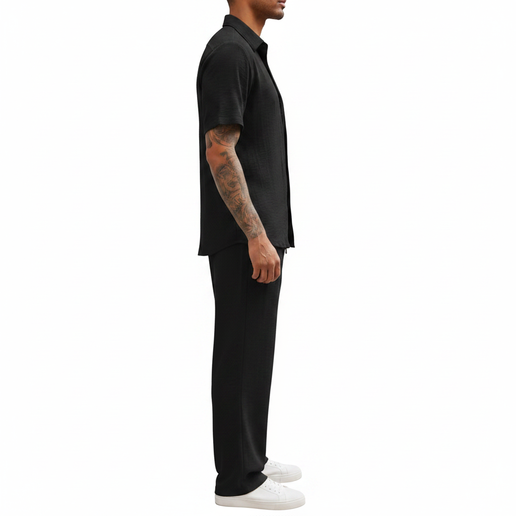 Men’s Ribbed Short Sleeve Button-Up Shirt with Full-Length Pants Set in Beige 21