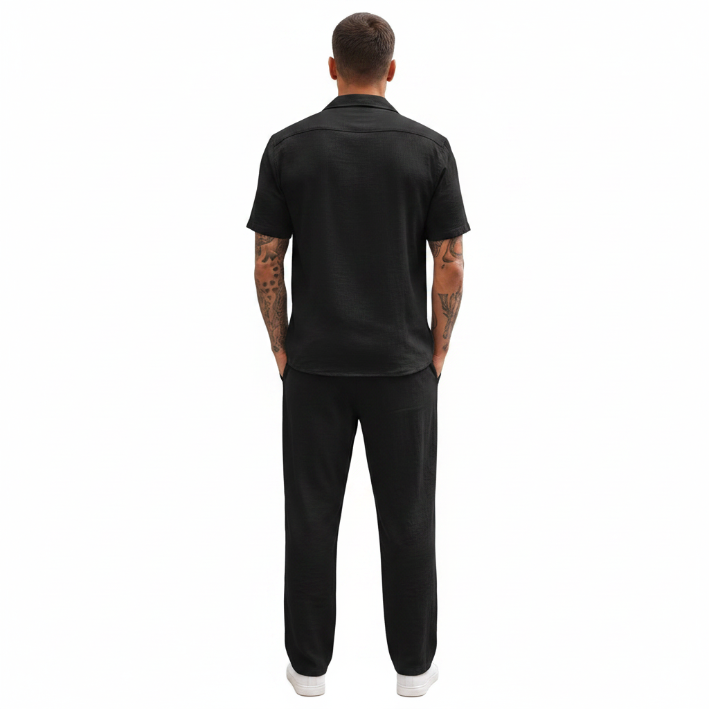 Men’s Ribbed Short Sleeve Button-Up Shirt with Full-Length Pants Set in Beige 20