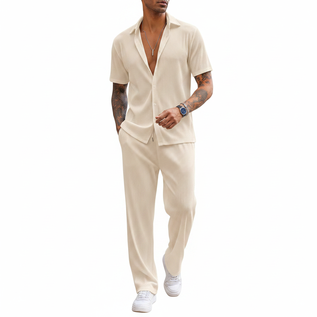 Men’s Ribbed Short Sleeve Button-Up Shirt with Full-Length Pants Set in Beige 15
