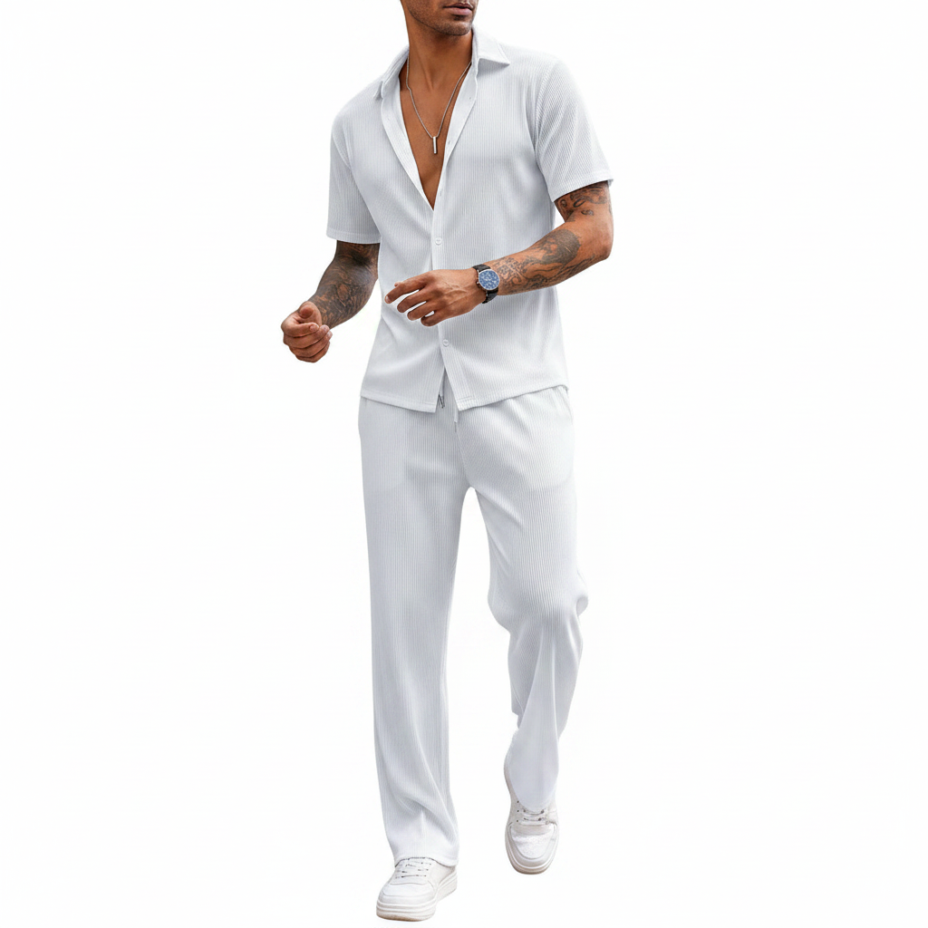 Men’s Ribbed Short Sleeve Button-Up Shirt with Full-Length Pants Set in Beige 11