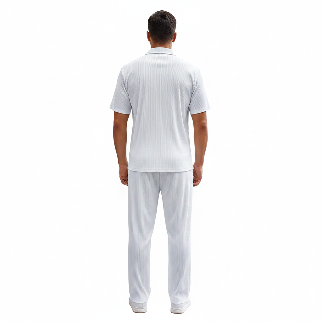 Men’s Ribbed Short Sleeve Button-Up Shirt with Full-Length Pants Set in Beige 13