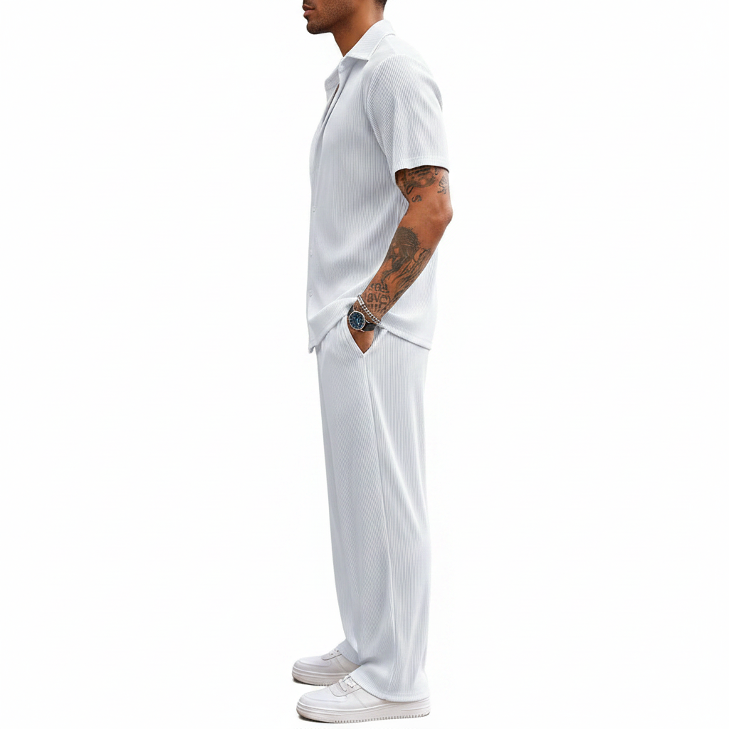 Men’s Ribbed Short Sleeve Button-Up Shirt with Full-Length Pants Set in Beige 12