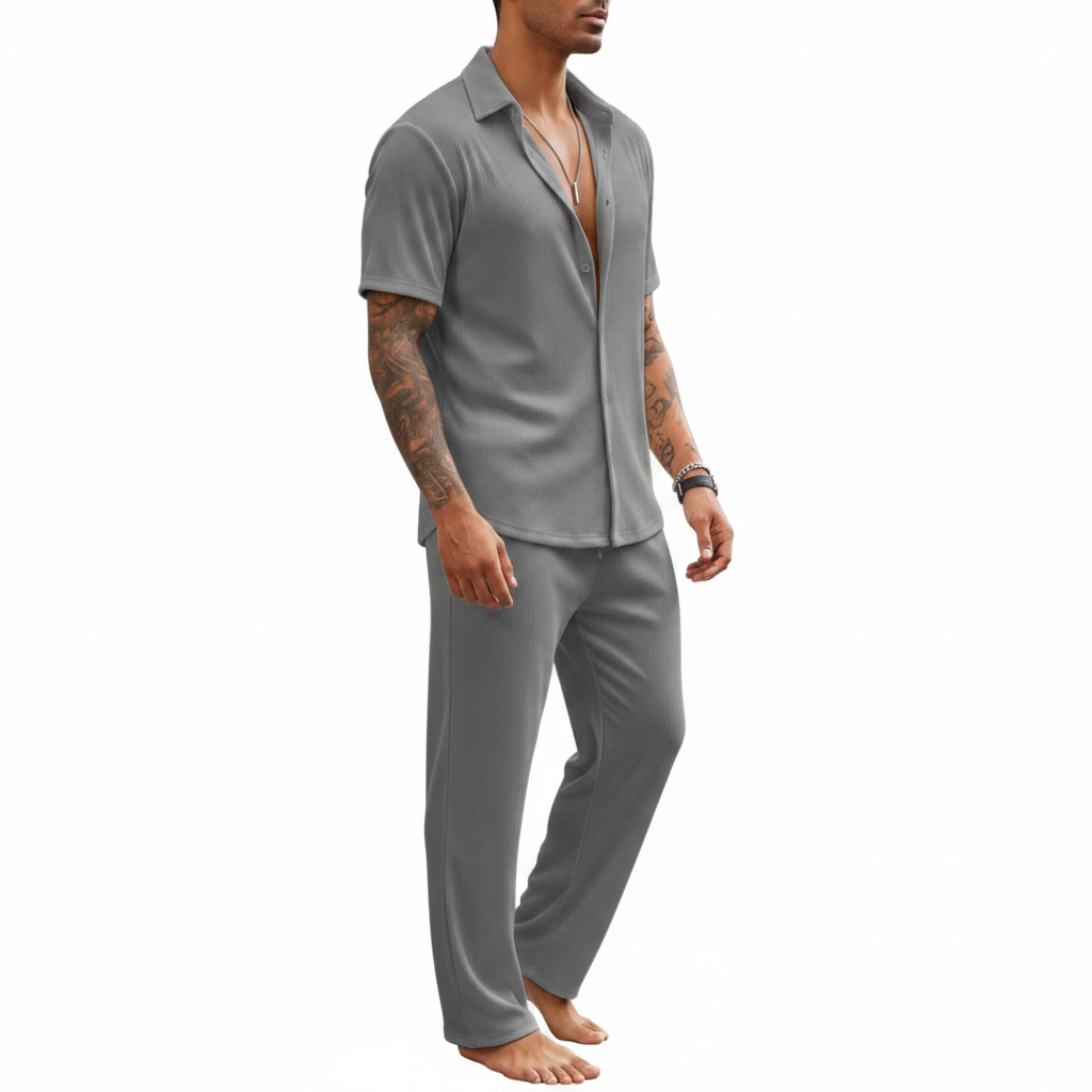 Men’s Ribbed Short Sleeve Button-Up Shirt with Full-Length Pants Set in Beige 8