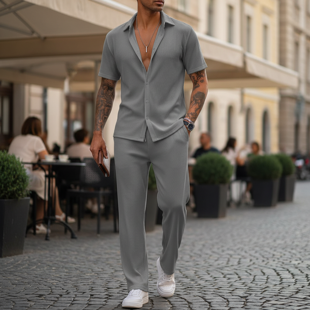 Men’s Ribbed Short Sleeve Button-Up Shirt with Full-Length Pants Set in Beige 10