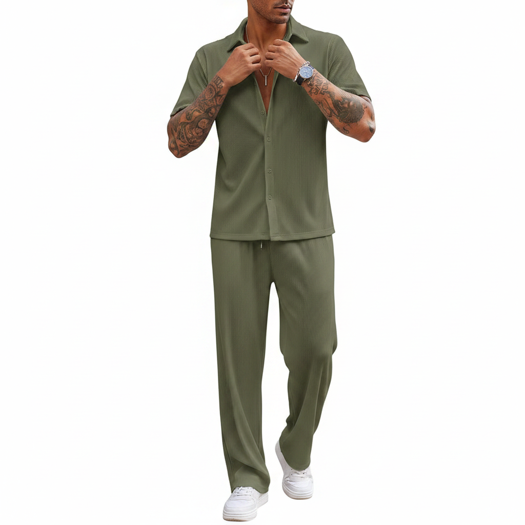 Men’s Ribbed Short Sleeve Button-Up Shirt with Full-Length Pants Set in Beige