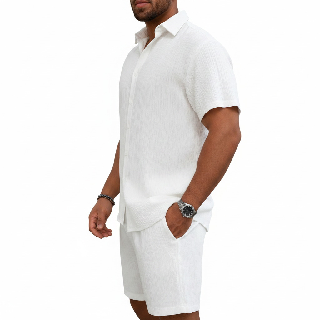 Men’s Ribbed Short Sleeve Button-Up Shirt with Matching Shorts Set 25