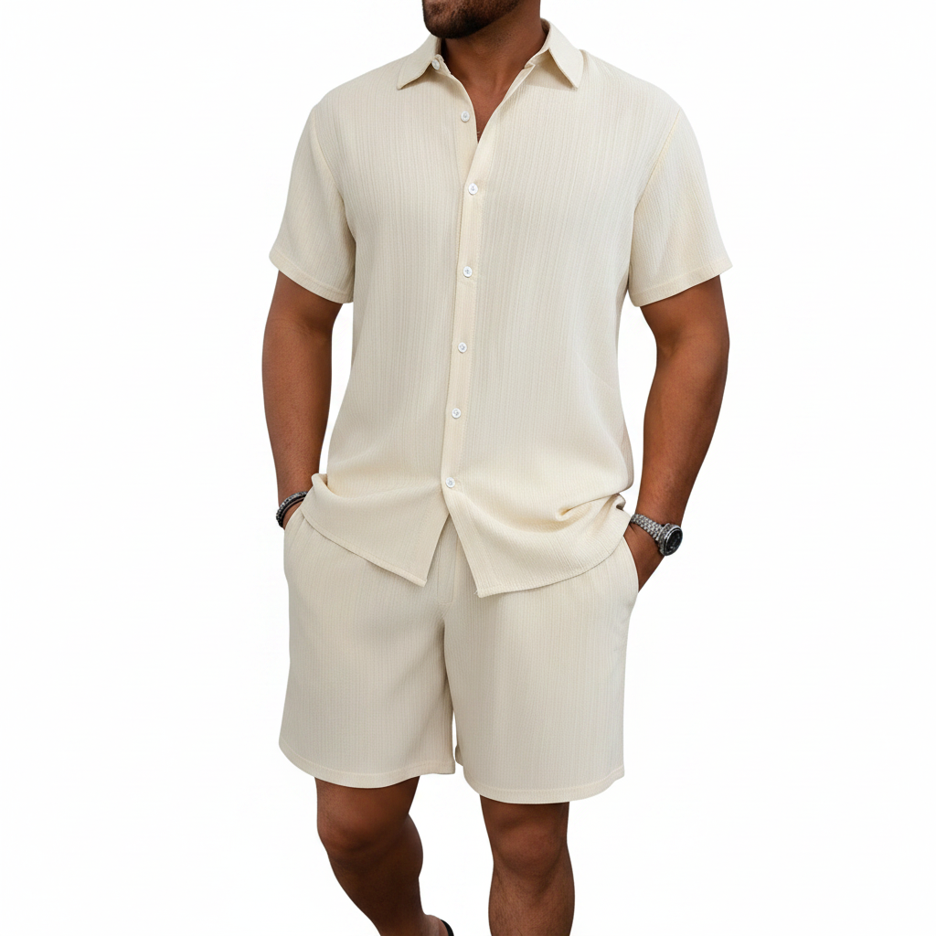 Men’s Ribbed Short Sleeve Button-Up Shirt with Matching Shorts Set 21