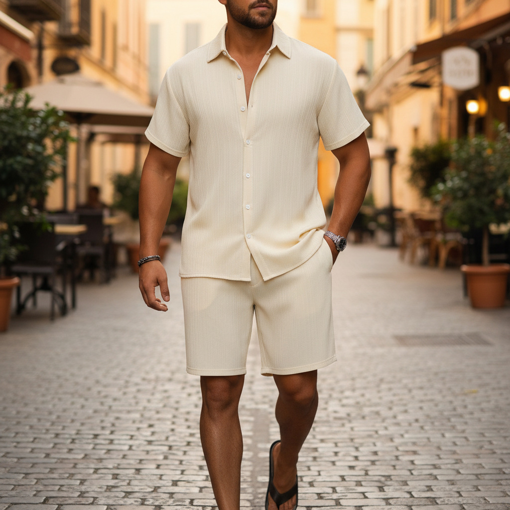 Men’s Ribbed Short Sleeve Button-Up Shirt with Matching Shorts Set 24