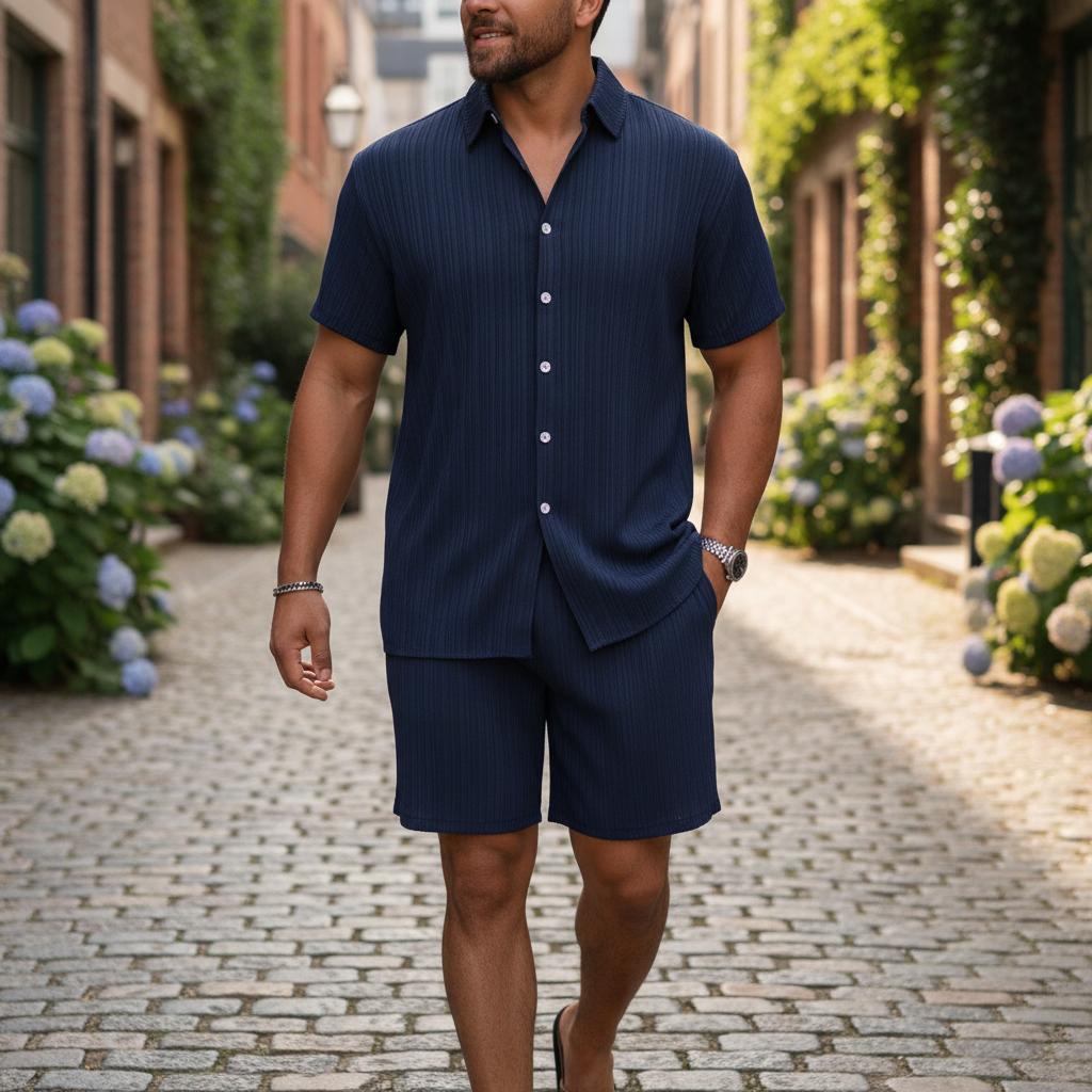 Men’s Ribbed Short Sleeve Button-Up Shirt with Matching Shorts Set 16