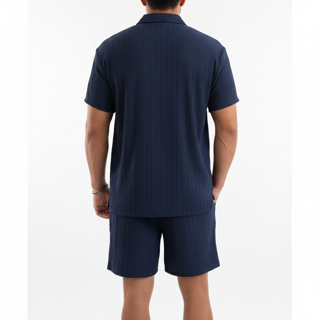 Men’s Ribbed Short Sleeve Button-Up Shirt with Matching Shorts Set 14