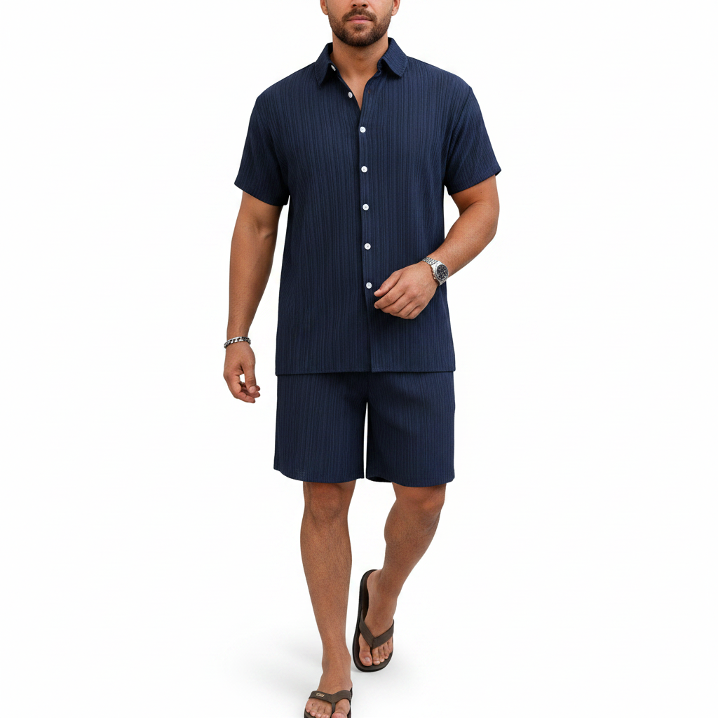Men’s Ribbed Short Sleeve Button-Up Shirt with Matching Shorts Set 13