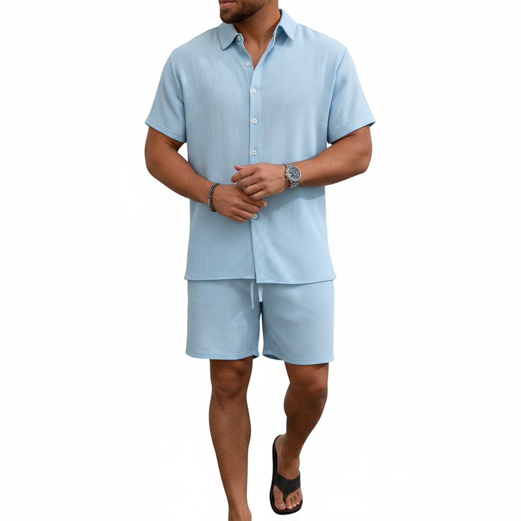 Men’s Ribbed Short Sleeve Button-Up Shirt with Matching Shorts Set 10